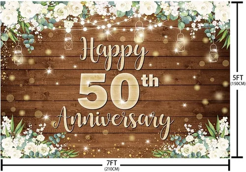 Miniatura 5 de AIBIIN Telón de fondo de feliz aniversario de 7 x 5 pies para parejas que saludan a 50 años, decoración de fiesta de cumpleaños, flores blancas