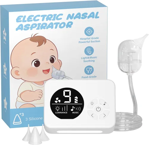 Aspirador nasal para bebé, chupón de nariz con 9 niveles de succión, succión eléctrica de mocos, luz nocturna de 3 niveles y función calmante de