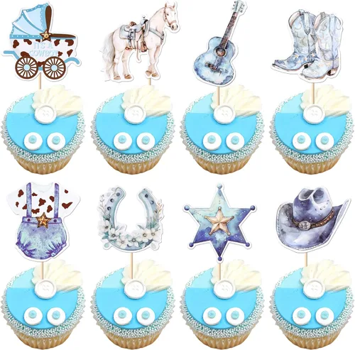 Miniatura 16 de Rsstarxi Paquete de 30 adornos de vaquero para cupcakes con purpurina para zapatos de caballo de vaquero, botas, pistola, temática occidental