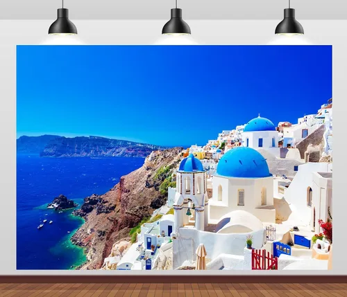 Telón de fondo de tela para fotos de Grecia, Isla Santorini, Oia, Village, fondo de fotografía de Grecia para decoraciones de fiesta temática
