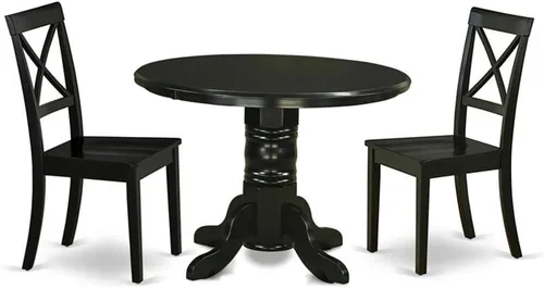 East West Furniture SHBO3-BLK-W Juego de muebles de habitación de 3 piezas contiene una mesa de cocina redonda con pedestal y 2 sillas de comedor,