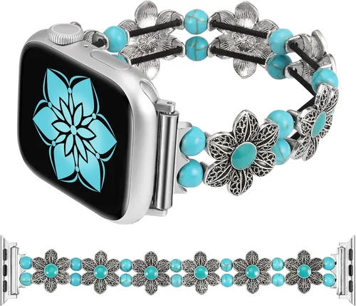 Wearlizer Compatible con Apple Watch Band de 38/40/41/42/44/45/1.929 in para mujer, pulsera elástica con cuentas turquesa bohemia hecha a mano para