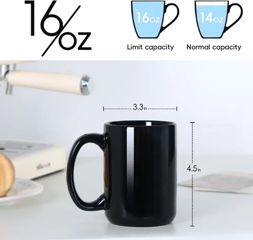 Miniatura 3 de Tazas de café de 16 onzas, taza clásica de cerámica en blanco con mango grande para café con leche y capuchino, juego de 4, color negro