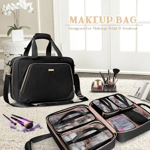 Miniatura 7 de Estuche de viaje profesional para artista de maquillaje con 4 bolsas de cosméticos desmontables, bolsa organizadora de maquillaje grande con sección