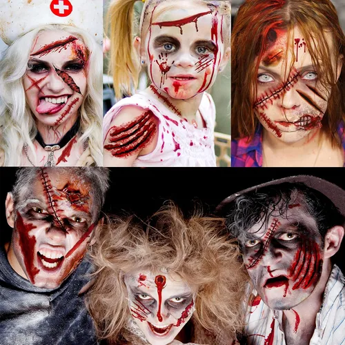 Miniatura 7 de VANTATY Juego de 215 piezas de 30 hojas de tatuajes de cicatrices falsas 3D, kit de maquillaje temporal de Halloween, puntadas falsas, tatuajes