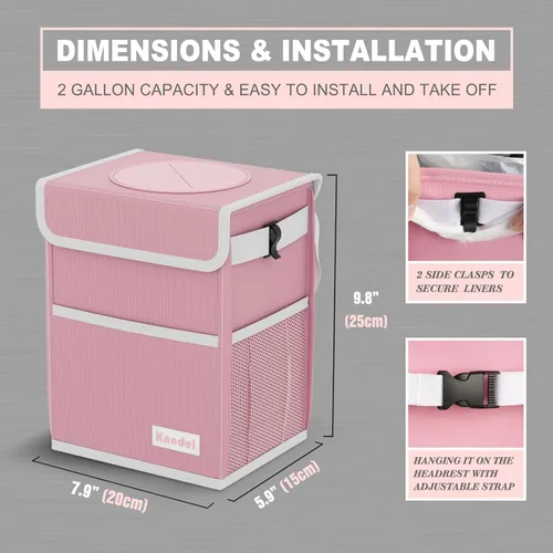 Miniatura 2 de K KNODEL Basurero impermeable para automóvil con tapa, bolsa de basura a prueba de fugas, contenedor colgante para mujeres (rosa, mediano)