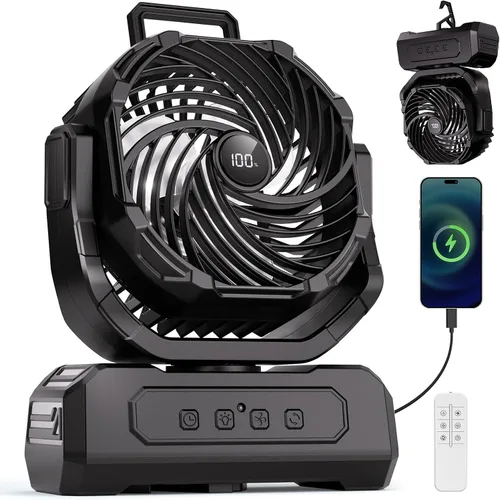 Ventilador Portátil de Camping de 30000mAh con Linterna RGB, Alimentado por Batería Recargable Oscilante con 4 Velocidades de Viento Pantalla LED,