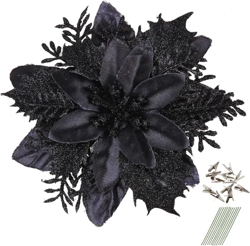 GREENTIME 12 flores de pascua artificiales con purpurina de 5.5 pulgadas, tallos de Navidad, adornos para árbol de Navidad para fiesta de Año Nuevo,
