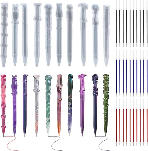 10 moldes de resina para bolígrafo + 30 recambios de bolígrafo de tinta, moldes de silicona para bolígrafo, moldes de silicona de fundición epoxi