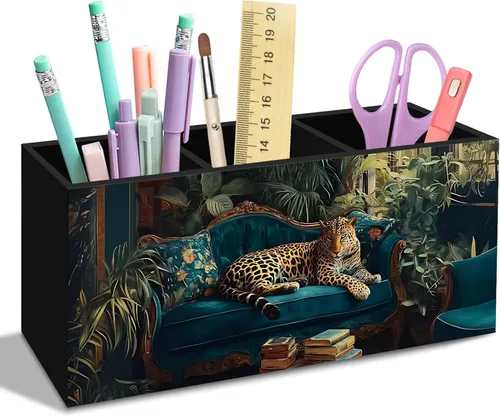 Miniatura 14 de Trendy Retro Leopard Print Pen Pencil Holder for Desk, Funky Cheetah Wooden Box Office Desk Accessories, Leopard Print Pen Holders Organizer for