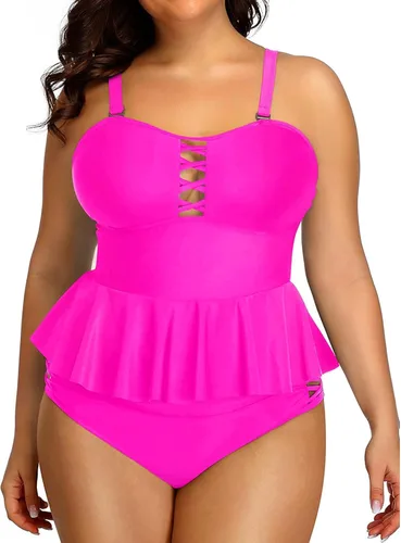 Yonique - Trajes de baño tankini de dos piezas para mujer, tallas extragrandes, parte superior tipo camiseta sin mangas con péplum y parte inferior