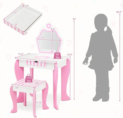 Miniatura 5 de HONEY JOY Tocador para Niños, Mesa de Maquillaje para Niños Pequeños con Espejo y Taburete, Tocador de Madera de Juego de Simulación para Niñas