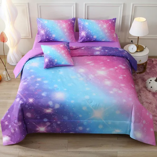 Miniatura 18 de JQinHome Juego de edredón con purpurina tamaño Queen, juego de ropa de cama de 6 piezas en una bolsa, colorido en 3D, rosa y azul, para niñas y Rosa