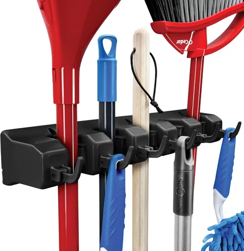 Soporte de pared para fregona y escoba, organizador de almacenamiento de garaje con 5 ranuras, 6 ganchos, capacidad de 7.5 libras por ranura, hogar,
