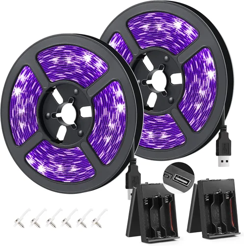 Tira de luz LED negra UV de 16.4 pies, 3528 385 nm-400 nm, tira de luz negra no impermeable con caja de batería, para pintura corporal fluorescente