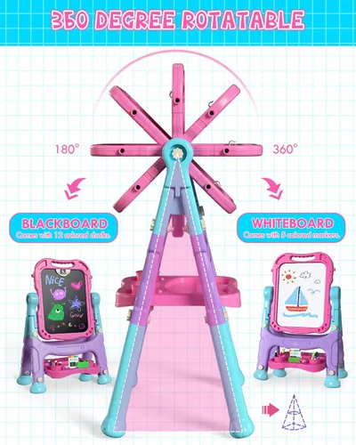 Miniatura 8 de Lehoo Castle Caballete para niños, caballete de arte para niños 4 en 1 de doble cara con pizarra blanca magnética y pizarra de tiza, caballete