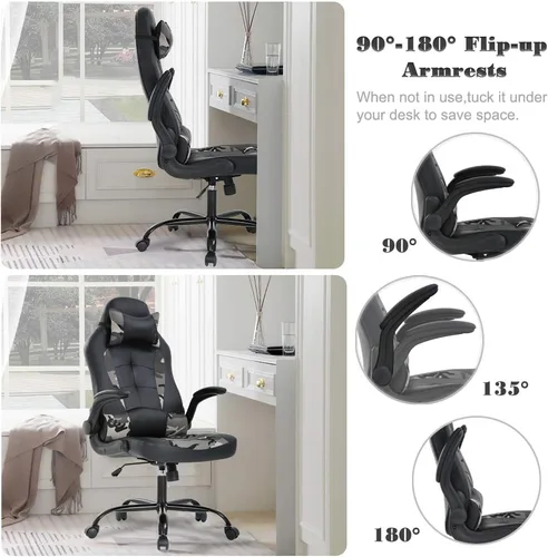 Miniatura 4 de Silla de escritorio ergonómica para videojuegos, de piel sintética, con reposacabezas y reposabrazos, Cuero falso, Camo