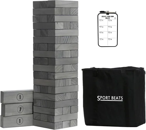 Outdoor Games - Juego de apilamiento de torre de madera grande – 54 bloques de pino de alta calidad que se apilan hasta 4 pies con tablero de reglas