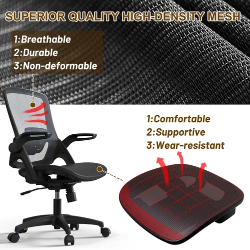 Miniatura 6 de KOLLIEE Silla de oficina en casa de malla ergonómica giratoria con soporte lumbar ajustable, silla de computadora cómoda negra con abatible
