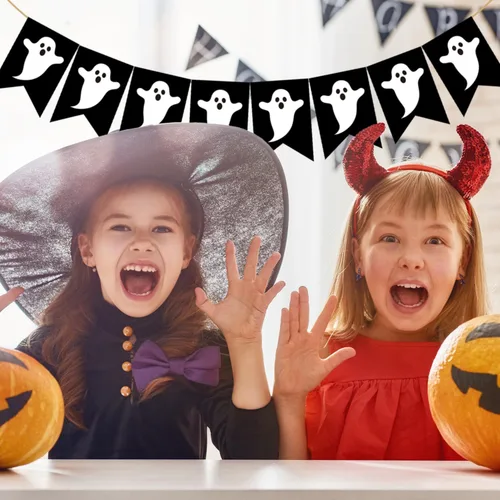 Miniatura 4 de Doumeny Pancarta de arpillera de fantasma de Halloween, guirnalda espeluznante, guirnalda espeluznante, pancarta negra para fiesta, bandera de truco