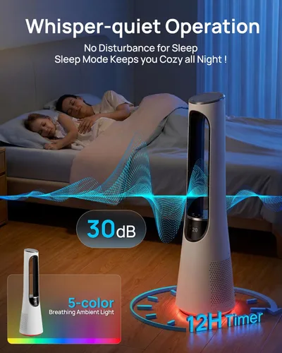 Miniatura 6 de Uthfy 38 Inch Bladeless Tower Fan, 120° Oscillation Quiet Standing Fans, 20 Speeds & 4 Modes, Ambient Light, Remote Control, 12H Timer, Ideal for