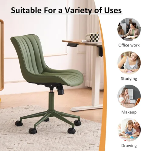 Miniatura 8 de YOUNIKE Silla de Escritorio Verde para Oficina en Casa con Ruedas Sin Brazos Compacta Cómoda Silla de Tocador con Respaldo Ajustable Moderna Pequeña