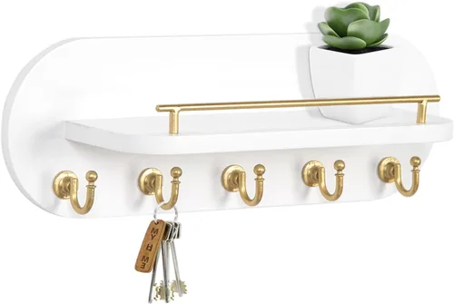 Miniatura 8 de SANY DAYO HOME Soporte para Llaves de Pared de Madera Marrón con Perchero de Entrada con 5 Ganchos Dorados, Barandilla de Estante de Metal