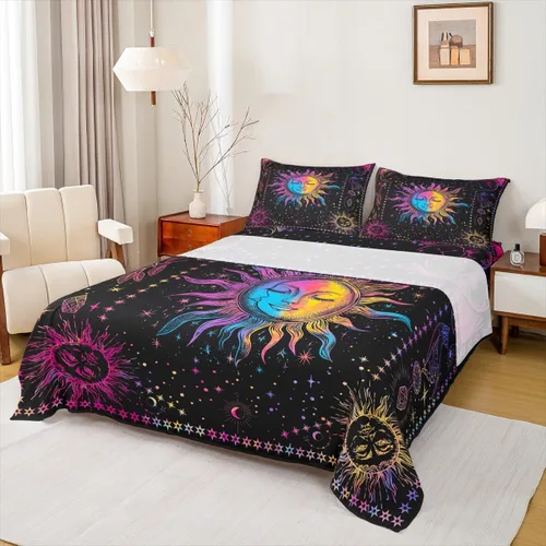 Miniatura 27 de Erosebridal Juego de sábanas tamaño individual con estampado de luna, diseño de flores de loto, color morado degradado, juego de sábanas orientales