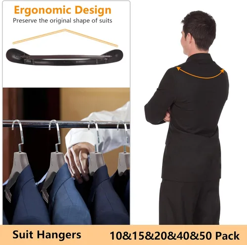 Miniatura 4 de DEDU Paquete de 15 perchas de traje para hombres, perchas marrones extra anchas antideslizantes de ancho 17.7 pulgadas, plástico grueso con barra