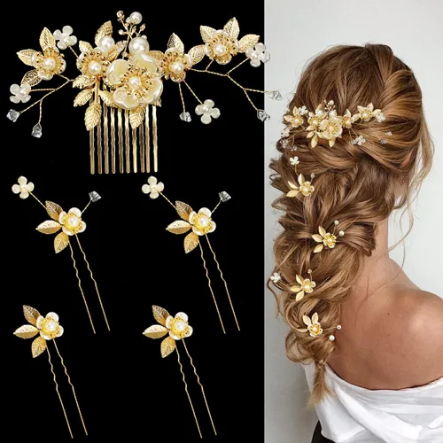 Miniatura 8 de 5 Piezas Peines Dorados para Cabello de Boda Nupcial, Tocado, Horquillas con Perlas, Clips, Joyería Vintage para Cabello para Novias, Damas