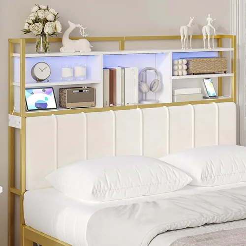 Miniatura 10 de Hzuaneri Cabecero con estantes de almacenamiento de 3 niveles, tablero de cabecera tapizado de terciopelo con 2 tomas, puertos USB y luz LED, Marrón