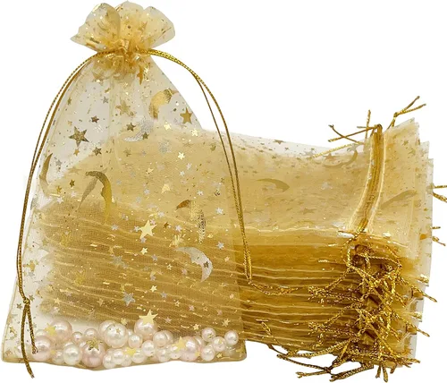 Jexila 100 bolsas de regalo de organza dorada de 4 x 6 pulgadas, pequeñas bolsas de joyería con cordón de malla, bolsa de regalo para bodas, Dorado