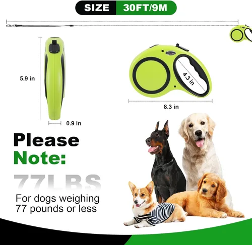Miniatura 4 de Correa retráctil para perro de 30 pies, 30 pies, 360° sin enredos para perros medianos y grandes de hasta 77 libras, freno de una mano, pausa con un