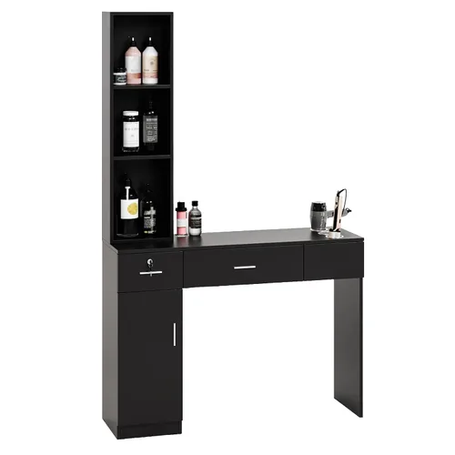 Miniatura 10 de OmySalon Estaciones de peluquería de montaje en pared, estaciones de salón para estilistas, juego de equipos de peinado con un gabinete de Negro