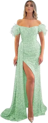 Miniatura 34 de Vestidos de fiesta de lentejuelas con hombros descubiertos, vestido formal de sirena brillante, vestido largo de fiesta de noche con abertura