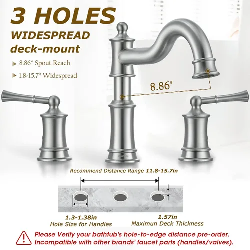 Miniatura 3 de Grifo romano para bañera de montaje en cubierta, grifo de bañera para baño de instalación extendida, boquilla clásica elegante con 3 orificios