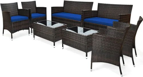 Miniatura 14 de Juego de sofá de patio de 4 piezas, juego de conversación de mimbre con respaldo ergonómico curvo, juego de muebles de ratán para patio con cojín