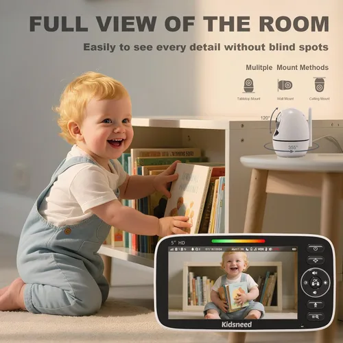 Miniatura 3 de Kidsneed Monitor de bebé con cámara y audio: monitor de bebé de video 720P de 5 pulgadas, sin WiFi, duración de la batería de 48 horas, visión