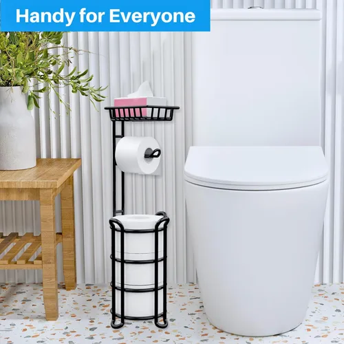 Miniatura 7 de Soporte de papel higiénico con estante, estante de almacenamiento de rollos de papel higiénico con dispensador para baño, color negro
