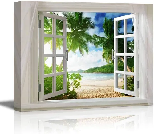 Miniatura 41 de wall26 - Cuadro en lienzo para pared, vista de ventana, atardecer neón, cielo, palmera tropical, playa, naturaleza, desierto, fotografía, realismo