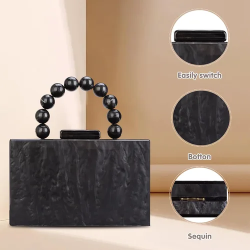 Miniatura 2 de Monederos acrílicos de noche, bolso de mano de mármol para mujer, bolso cruzado con cadena de perlas, formal, boda, fiesta de graduación