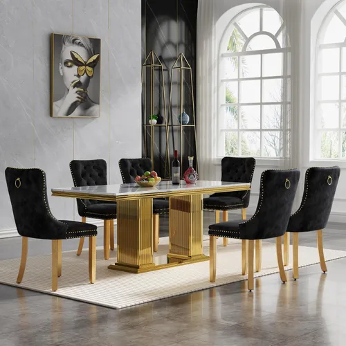 Miniatura 28 de HomVent Juego de mesa de comedor moderna de mármol sintético para 4 personas, mesa de cocina rectangular con 4 sillas beige (dorado)