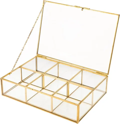 HighFree Caja de cristal vintage dorada, caja transparente de exhibición, caja organizadora de joyas, caja de colección para bolsas de té, bolsas de