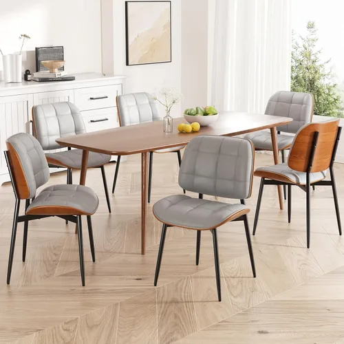 Miniatura 17 de Silla de comedor, moderna de mediados de siglo con cojín grueso, sillas de cocina tapizadas de piel sintética con respaldo de madera curvada de Beige