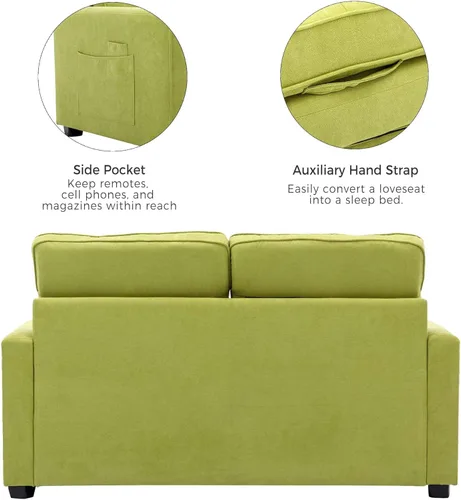Miniatura 5 de Sofá cama convertible moderno con cama extraíble y dos bolsillos laterales, sofá biplaza de felpilla para sala de estar, apartamento, oficina (verde)