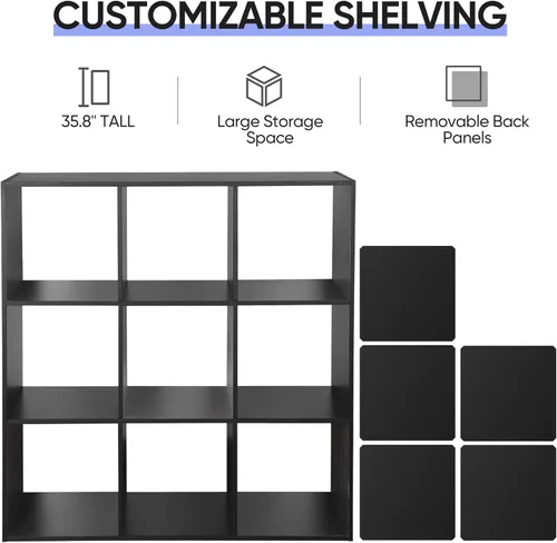 Miniatura 6 de Organizador de estantes de almacenamiento de 9 cubos, unidad de organización de estantería de madera, estantes de cubo para el hogar, oficina, Negro