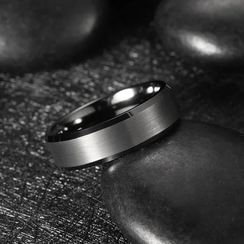 Miniatura 90 de King Will Anillo de boda de tungsteno para hombre, disponible en 15/64 a 25/64 de pulgada (6 a 10 mm), negro/plata, acabado mate, borde pulido