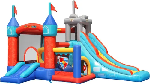 Bounceland Castillo de rebote medieval con tobogán y hoyo de bolas, aro de baloncesto y juego de lanzamiento de pelota incluido, diapositiva larga y