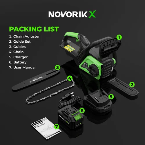 Miniatura 8 de NovorikX Motosierra inalámbrica de 20 V, motosierra eléctrica de 10 pulgadas con batería de 4.0 Ah y cargador, engrasador automático, tensión