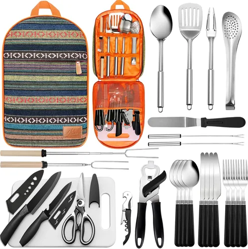 Juego de utensilios de cocina portátil para acampar de 27 piezas, kit de utensilios de cocina de acero inoxidable para cocinar y asar al aire libre,